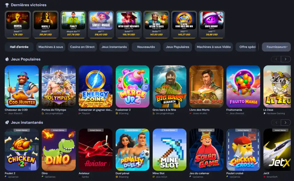 Jeux de casino populaires et jeux instantanés sur Cocobet
